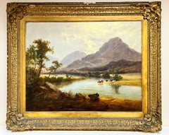 Antique Very Large 19th Century Scottish Victorian Oil Cattle Watering Highland Loch