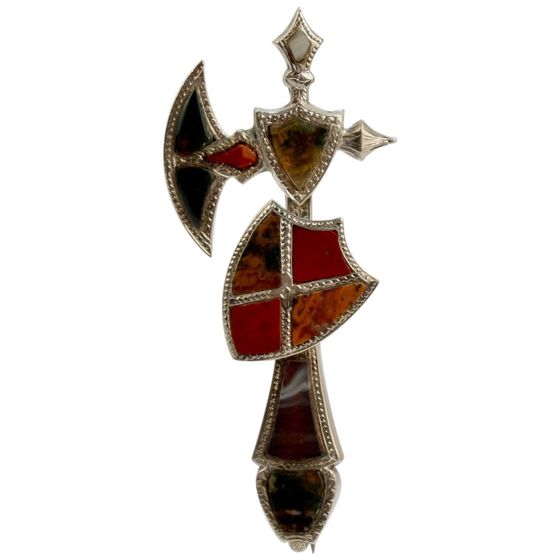 Victorian Scottish Silver and Agate Battle Axe and Shield Shaped Brooch or Pin