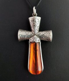 Victorian Scottish Silver and Amber Cross Pendant