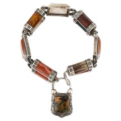 Victorian Scottish Silver and Banded Agate Padlock Bracelet, Circa 1870