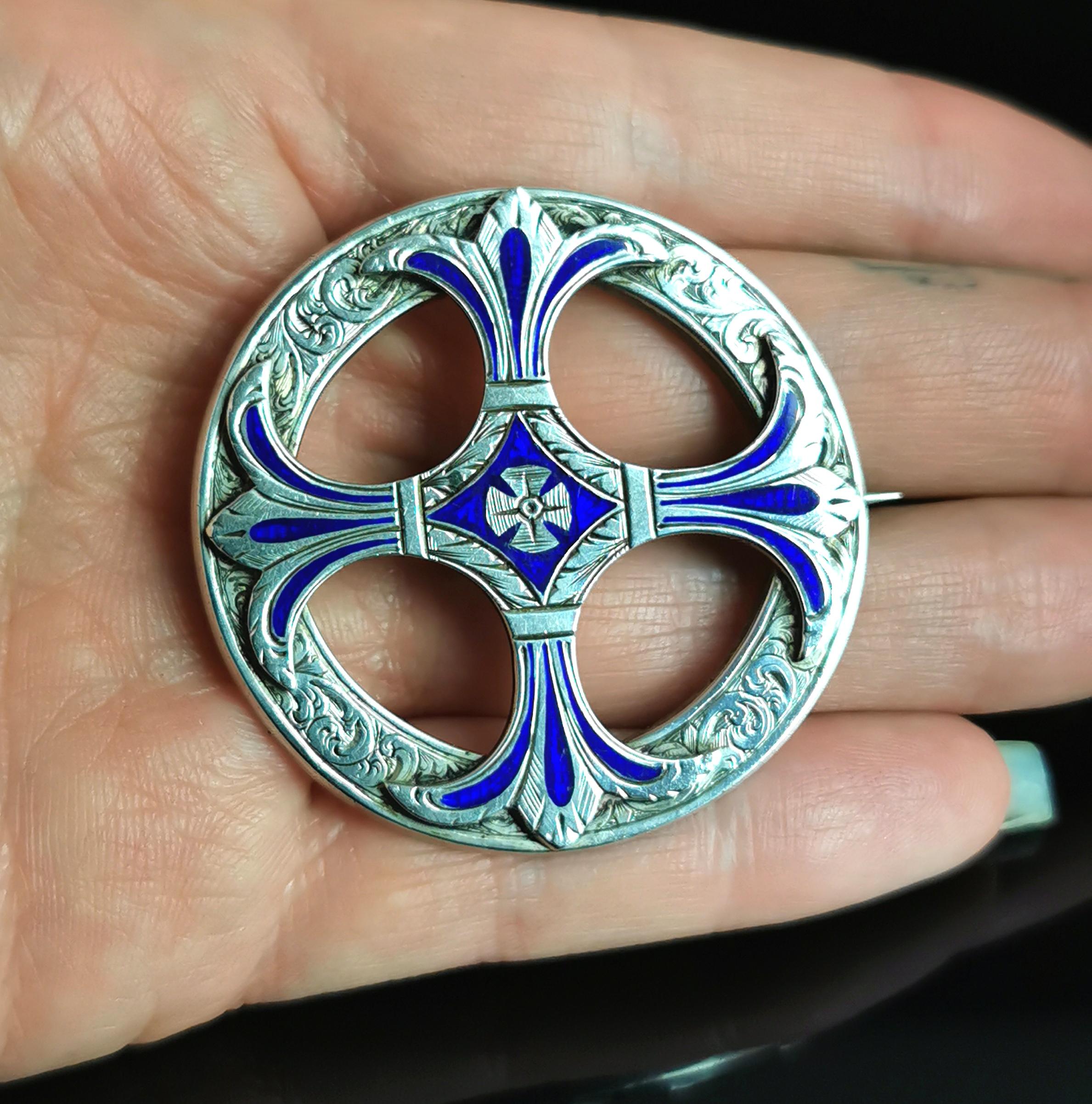 Victorian Scottish Silver Celtic Cross Brooch, Sterling Silver and Blue Enamel 3