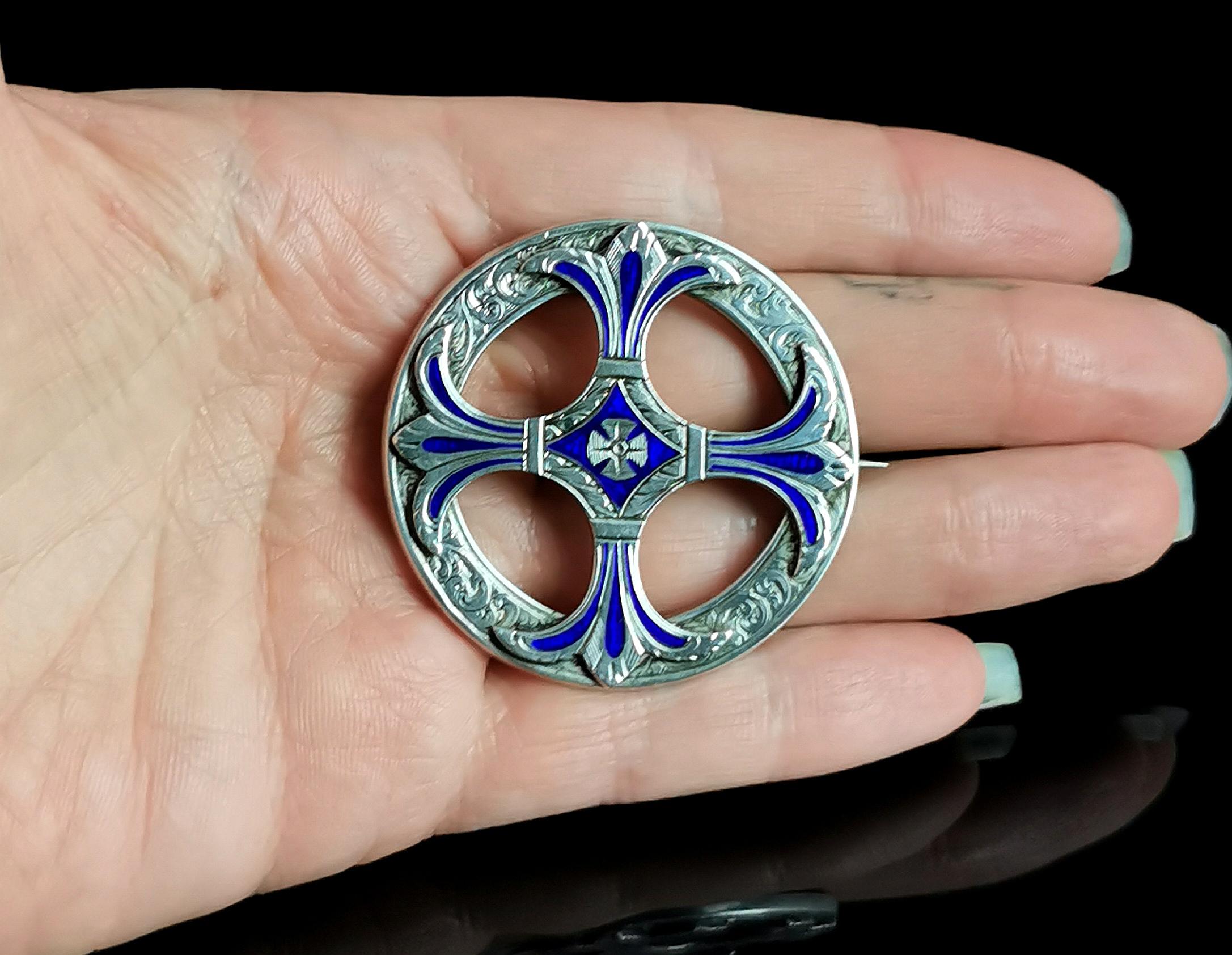 Victorian Scottish Silver Celtic Cross Brooch, Sterling Silver and Blue Enamel 4