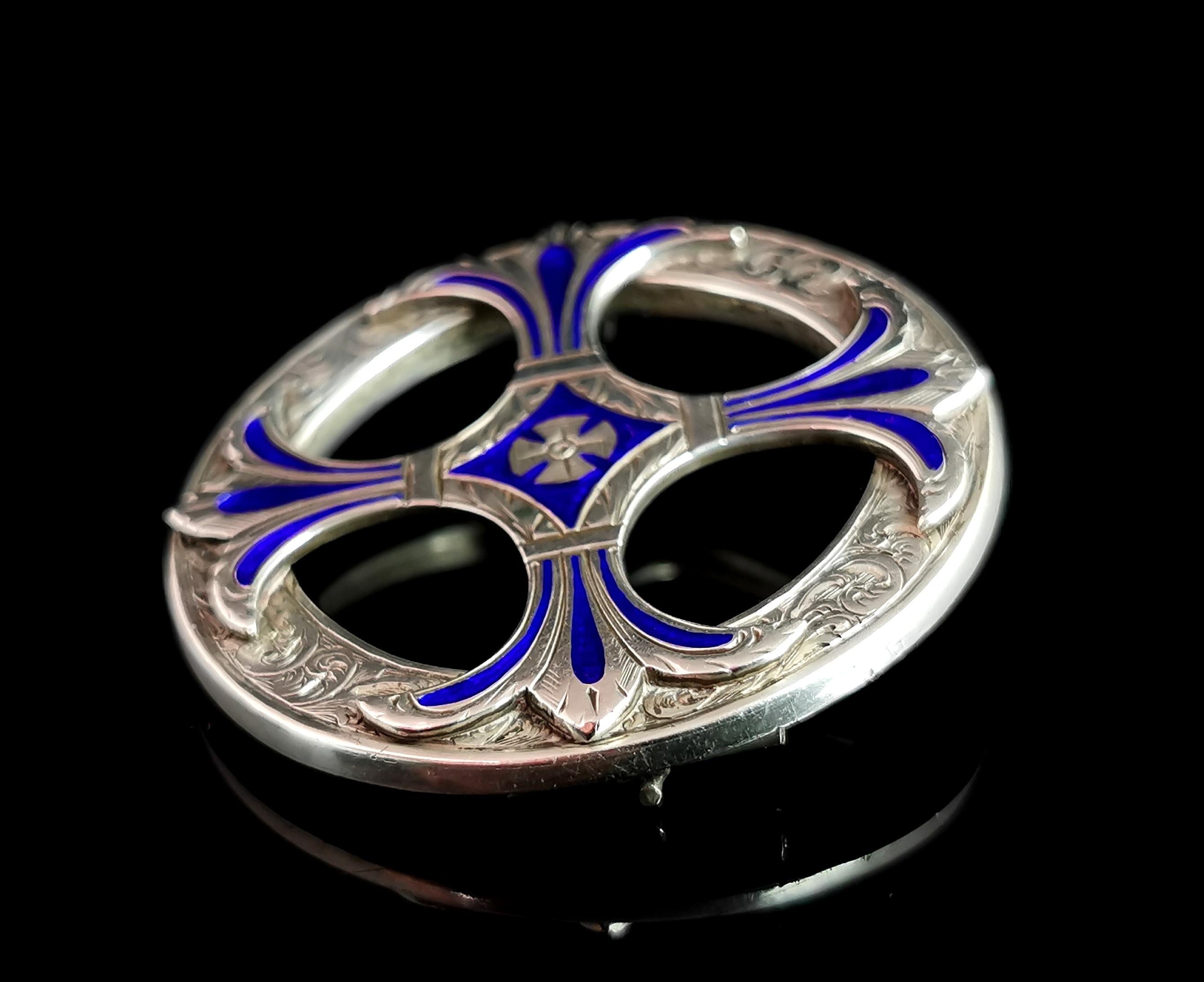 Women's or Men's Victorian Scottish Silver Celtic Cross Brooch, Sterling Silver and Blue Enamel