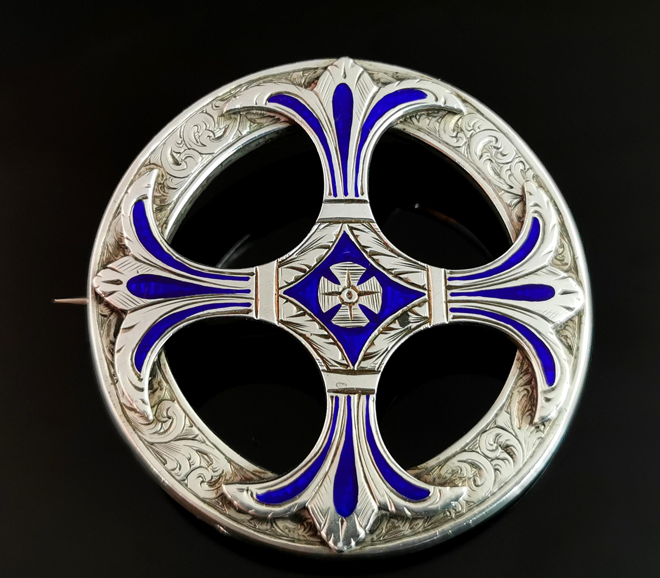 Victorian Scottish Silver Celtic Cross Brooch, Sterling Silver and Blue Enamel 2