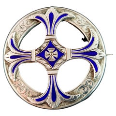 Victorian Scottish Silver Celtic Cross Brooch, Sterling Silver and Blue Enamel