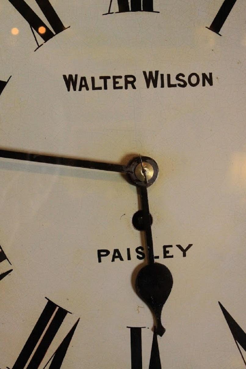 Victorian Scottish station wall clock in walnut with drop dial by Wilson of Paisley. Maintains excellent time.