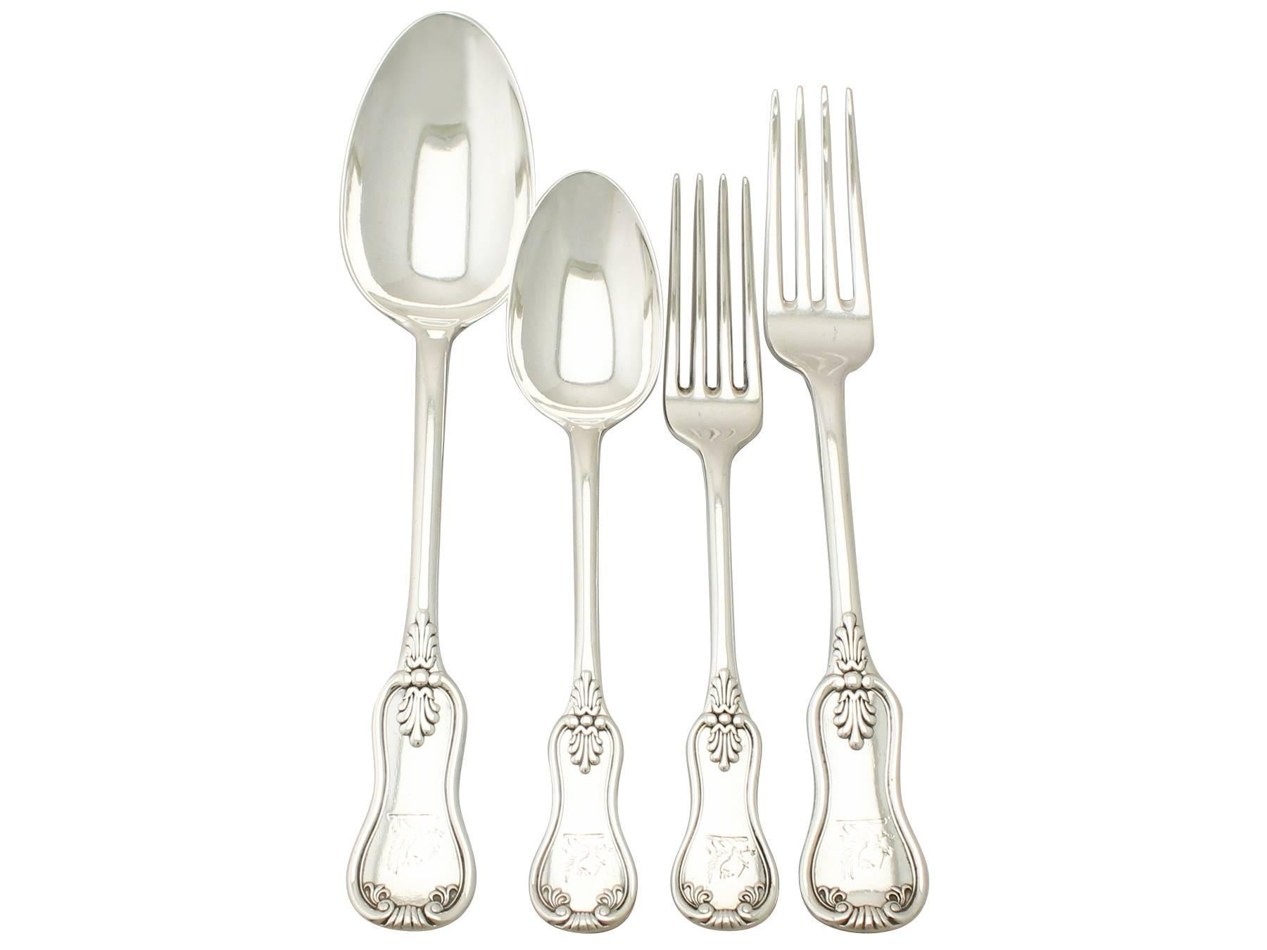 A fine and impressive antique Victorian Scottish sterling silver straight Kings pattern flatware service for twelve persons, an addition to our canteen of cutlery collection.

The pieces of this fine, antique Victorian Scottish sterling silver