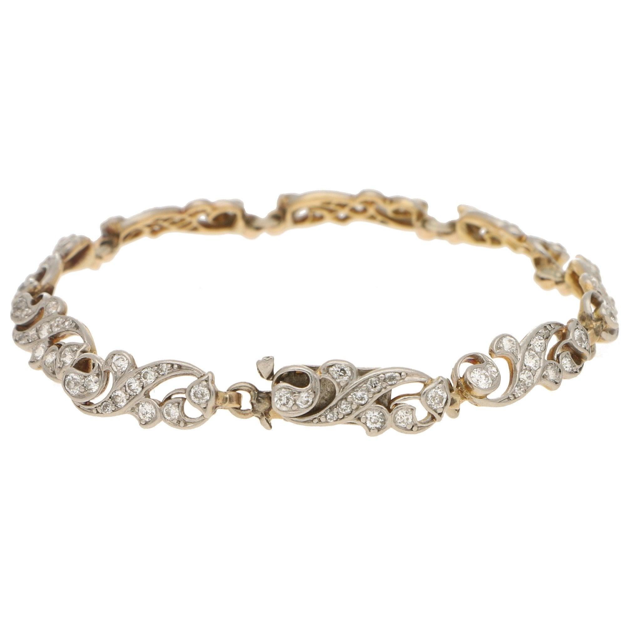 Women's or Men's Victorian Scrolled Diamond Bracelet in Silver-on-Gold 2.70cts  For Sale
