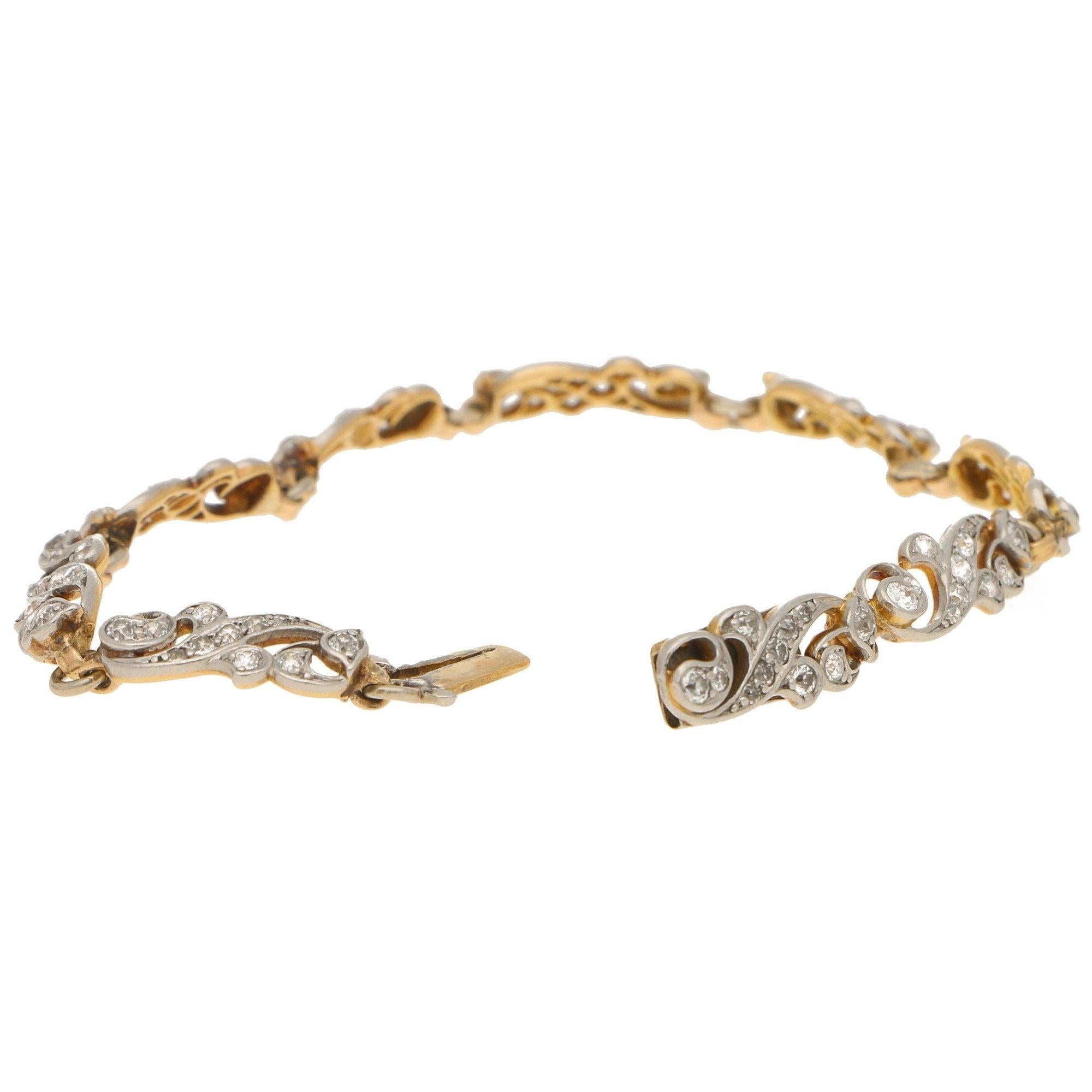 Victorian Scrolled Diamond Bracelet in Silver-on-Gold 2.70cts  For Sale 1