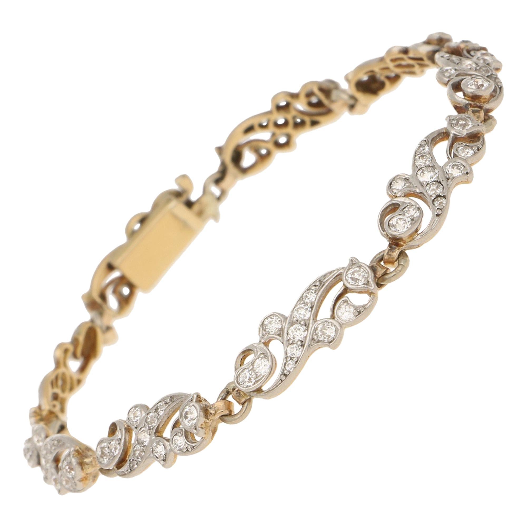 Victorian Scrolled Diamond Bracelet in Silver-on-Gold 2.70cts 