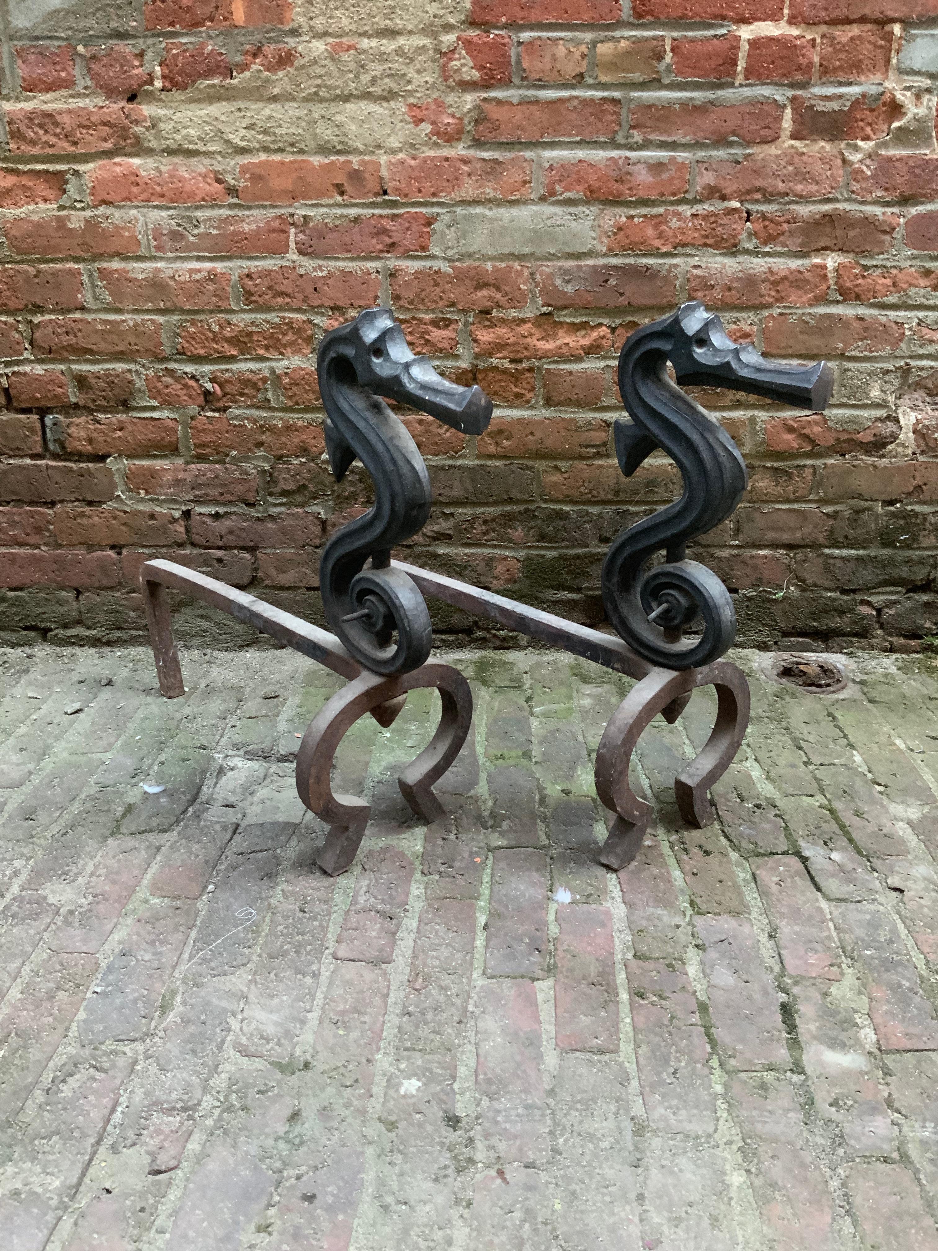 Late Victorian Victorian Seahorse Andirons