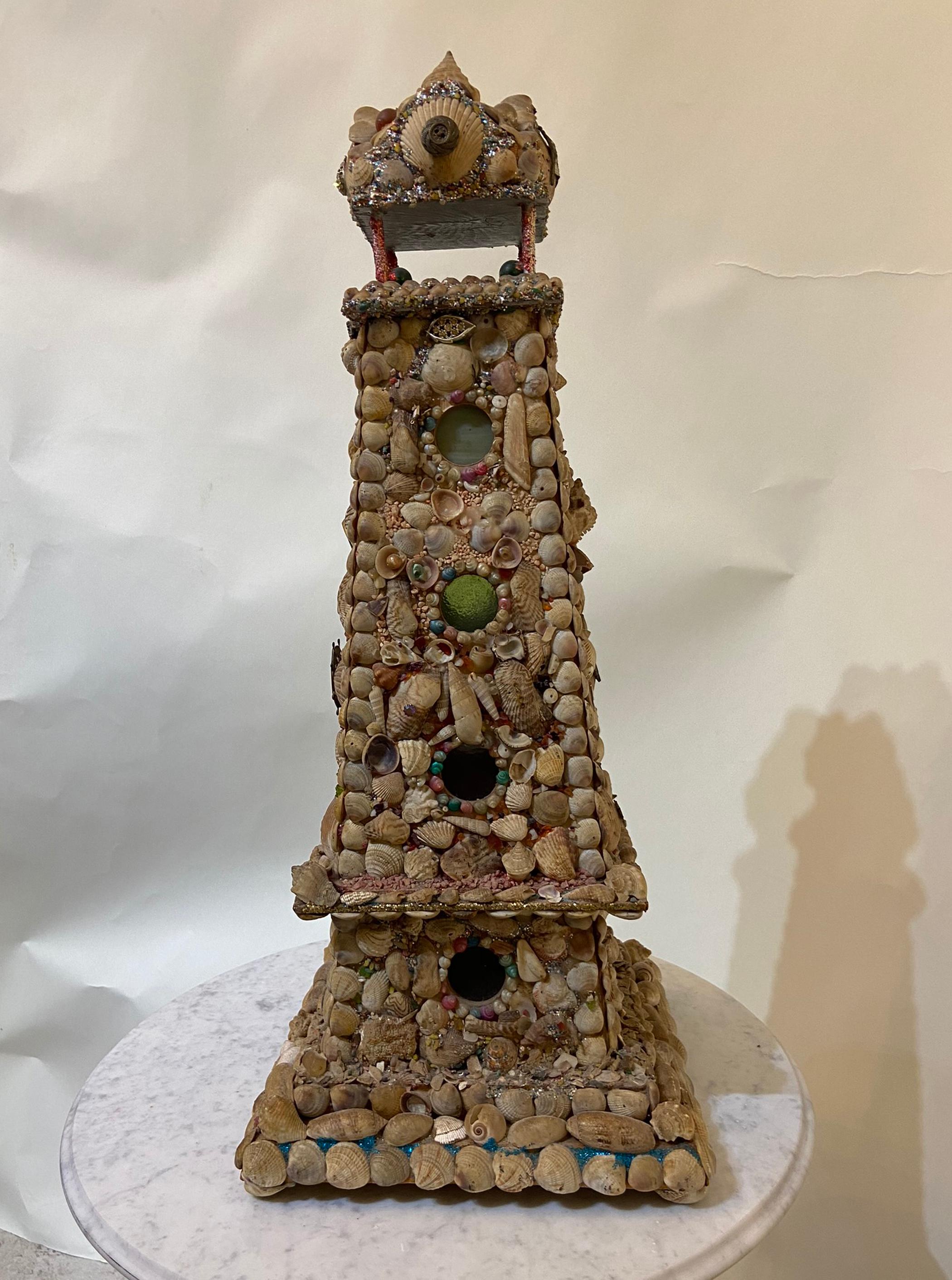 Victorian Seashell Art Lighthouse Night Light In Good Condition In West Palm Beach, FL