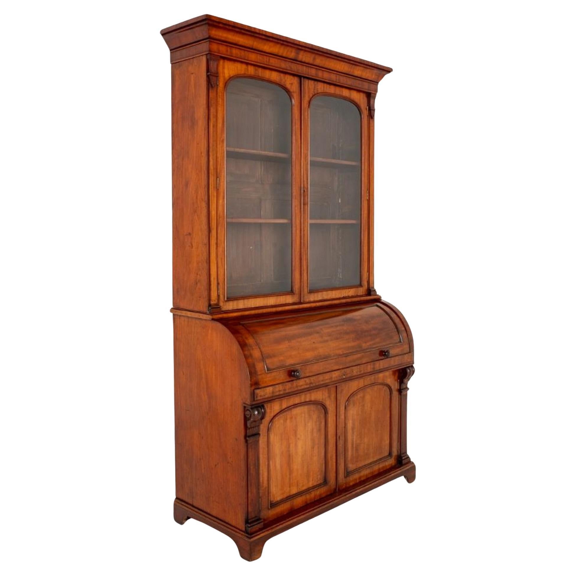 Victorian Secretaire Bookcase Mahogany Cylinder Desk 1860 For Sale