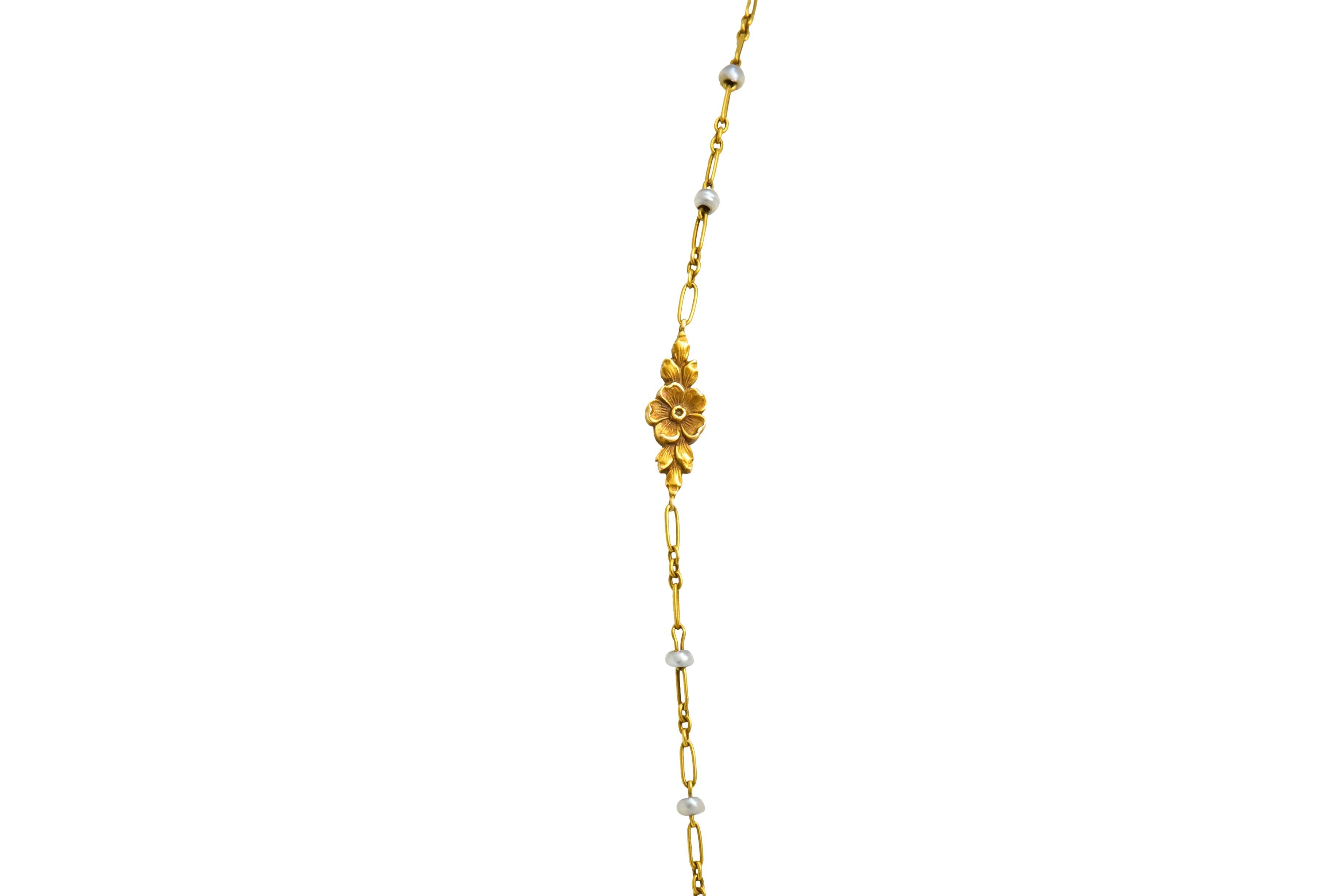 Victorian Seed Pearl 14 Karat Gold Floral Lariat Necklace, circa 1900 In Excellent Condition In Philadelphia, PA