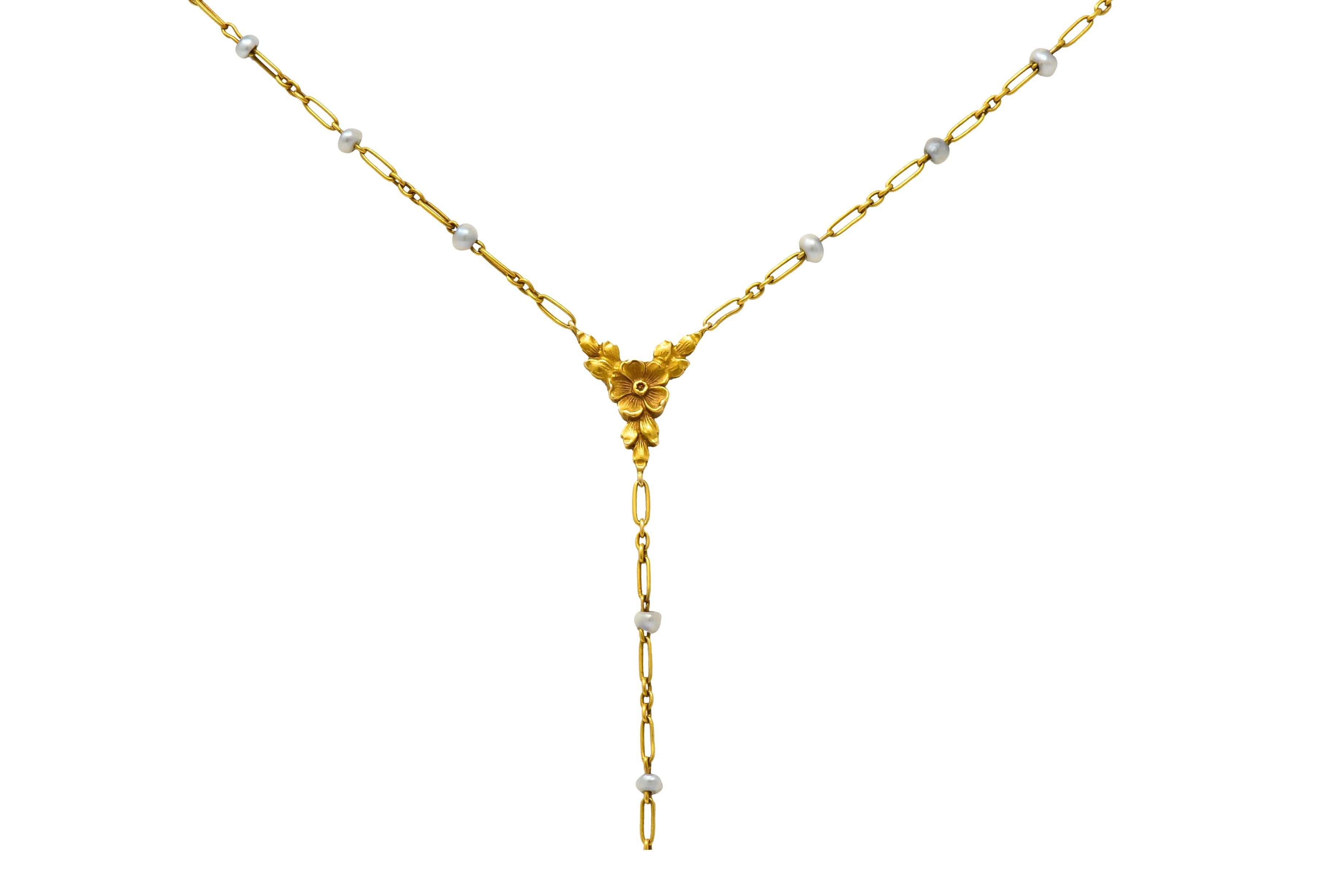 Women's or Men's Victorian Seed Pearl 14 Karat Gold Floral Lariat Necklace, circa 1900
