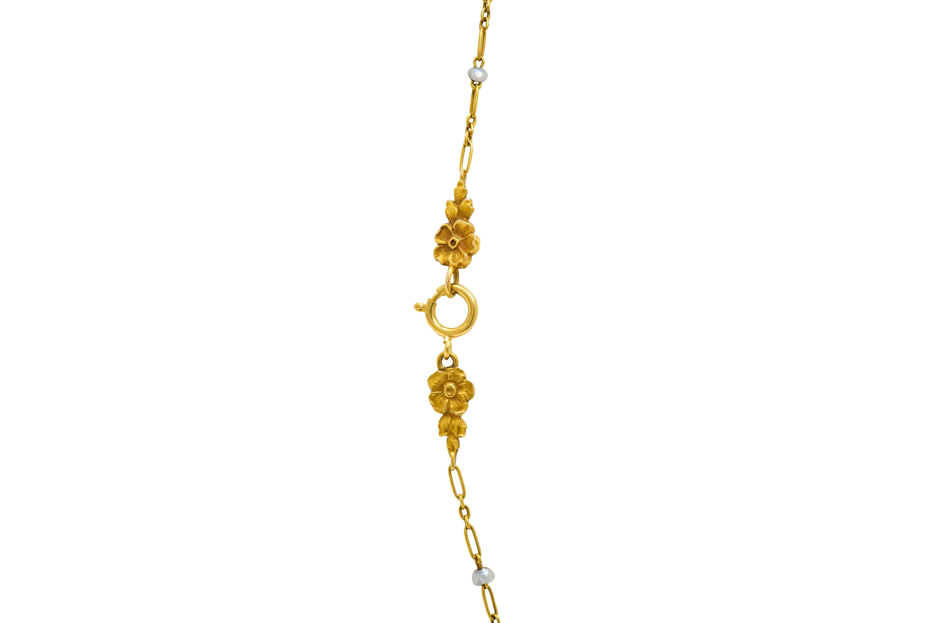 Victorian Seed Pearl 14 Karat Gold Floral Lariat Necklace, circa 1900 1