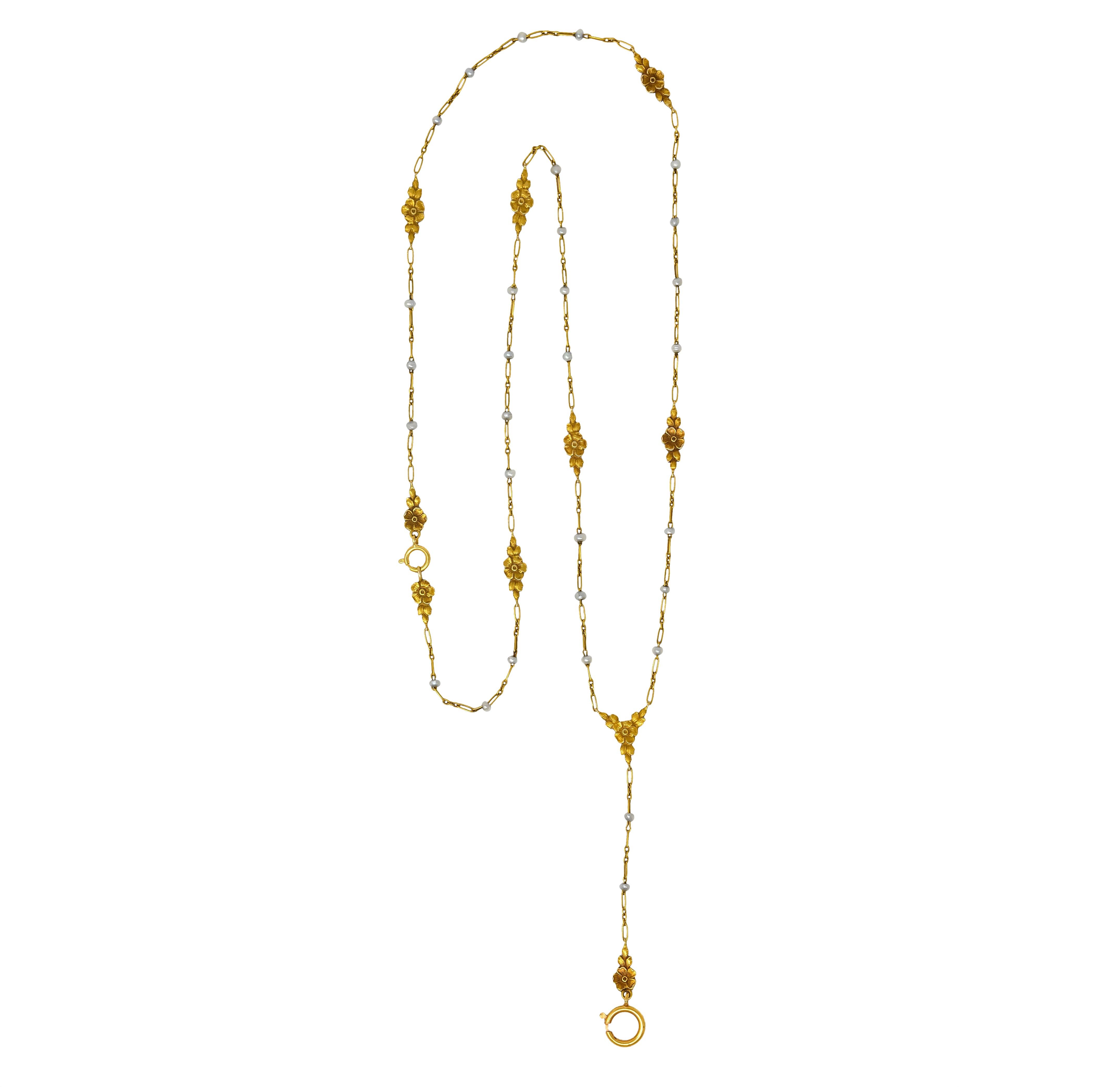 Victorian Seed Pearl 14 Karat Gold Floral Lariat Necklace, circa 1900 4