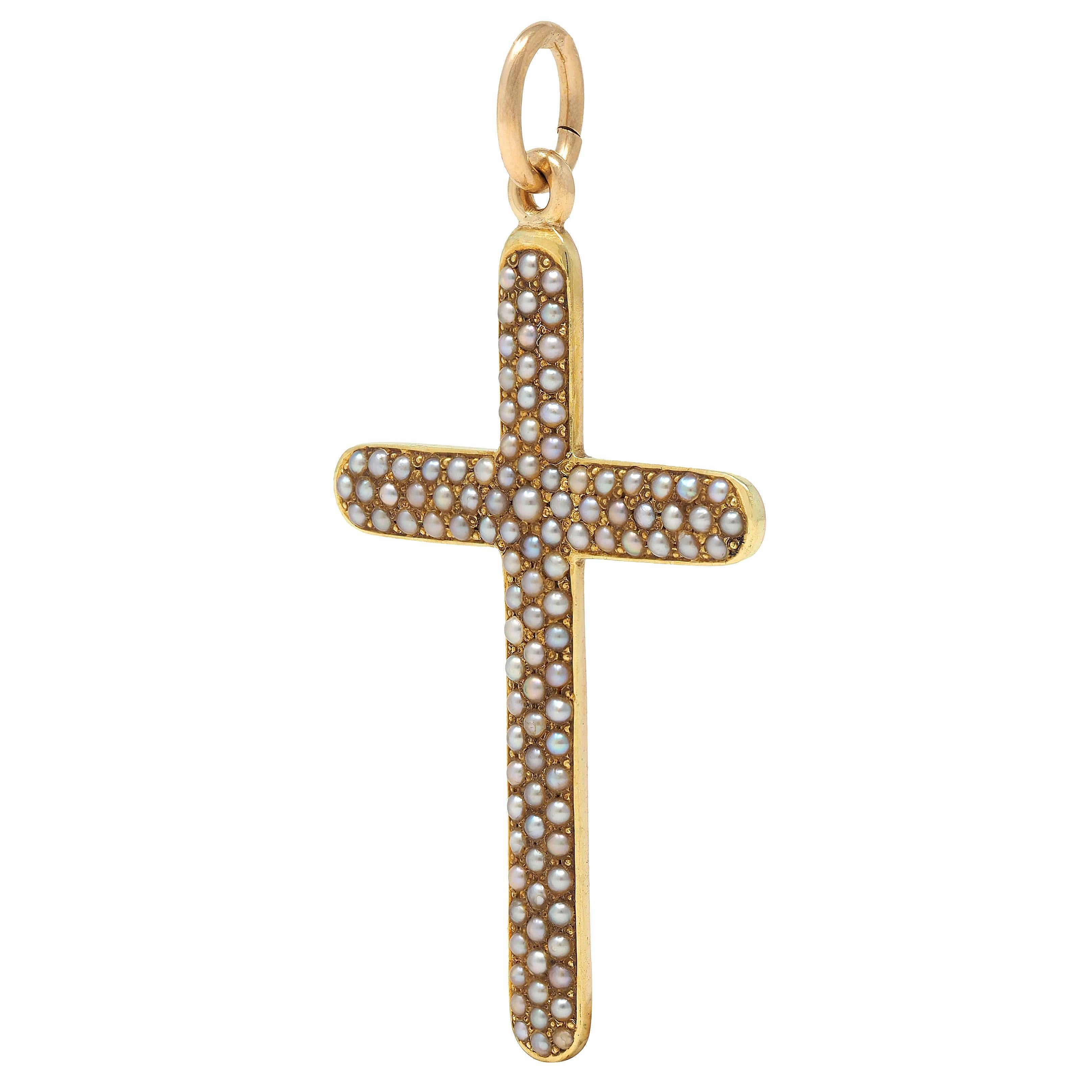 Perle Pendentif croix ancienne victorien en or jaune 14 carats et perles naturelles en vente