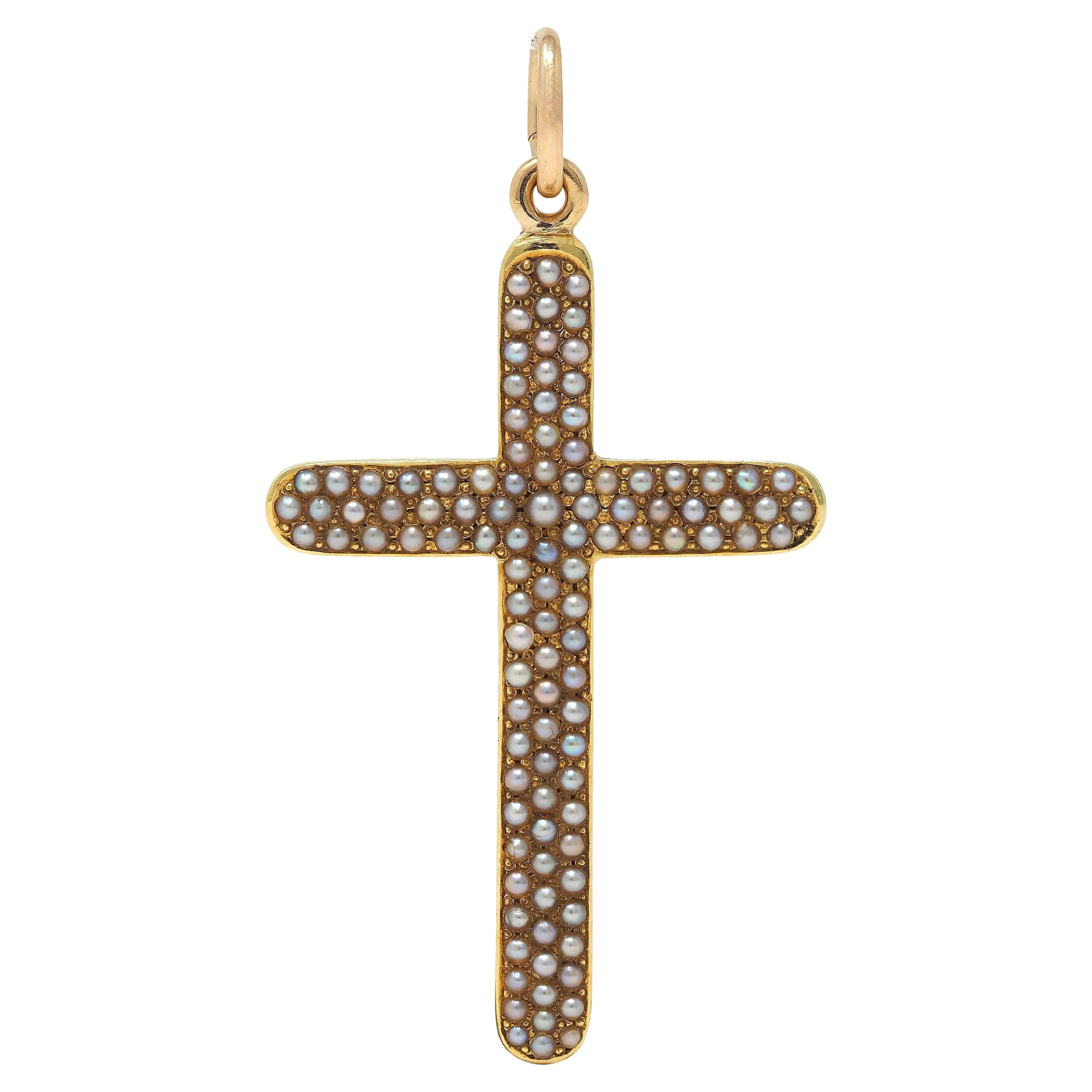 Victorian Seed Pearl 14 Karat Yellow Gold Antique Cross Pendant