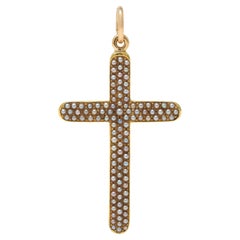Victorian Seed Pearl 14 Karat Yellow Gold Antique Cross Pendant