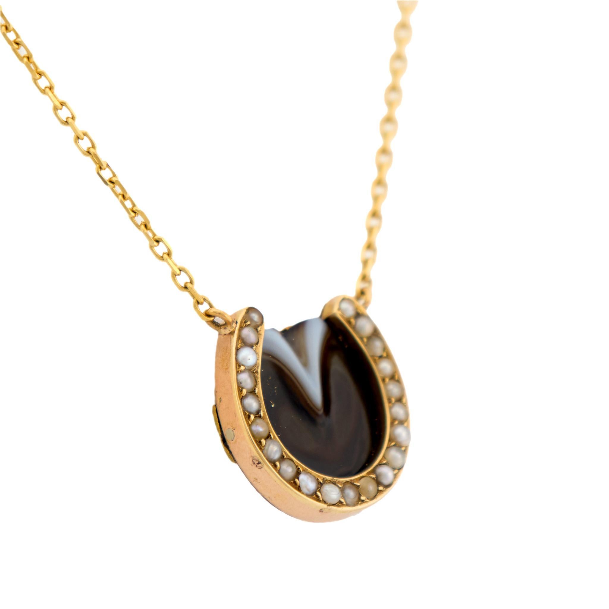 Round Cut Victorian seed pearl 14k yellow and rose gold and enamel horseshoe neckalce For Sale