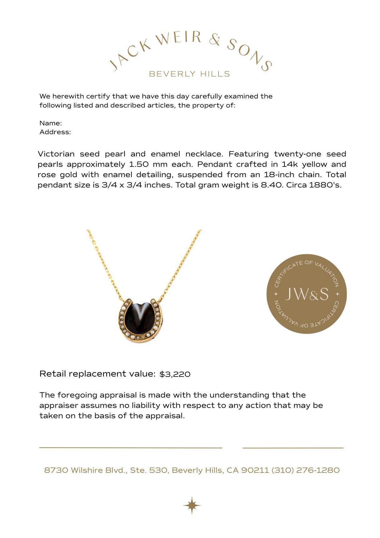 Victorian seed pearl 14k yellow and rose gold and enamel horseshoe neckalce In Good Condition For Sale In Beverly Hills, CA