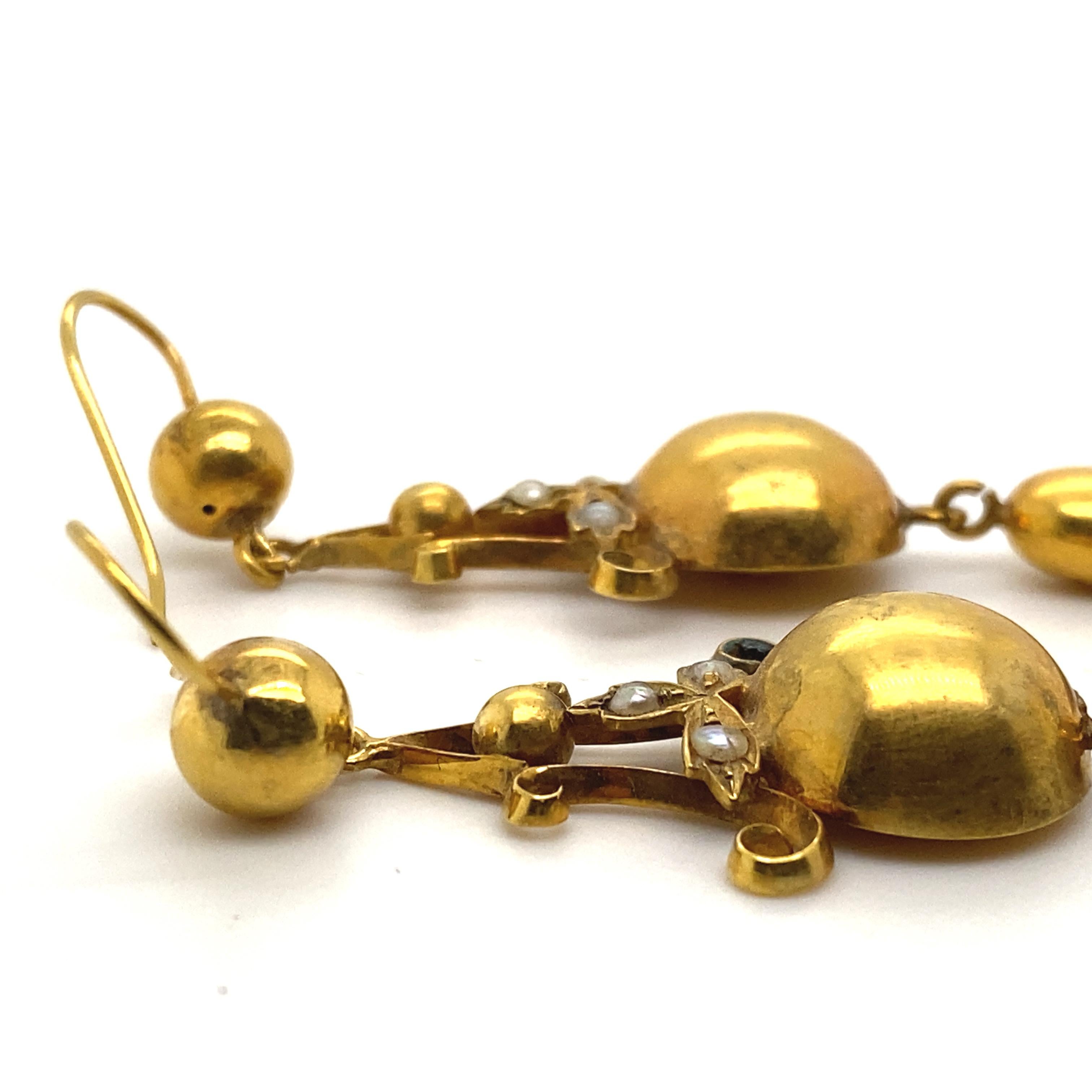 Bead Victorian Seed Pearl 18 Karat Yellow Gold Drop Earrings For Sale