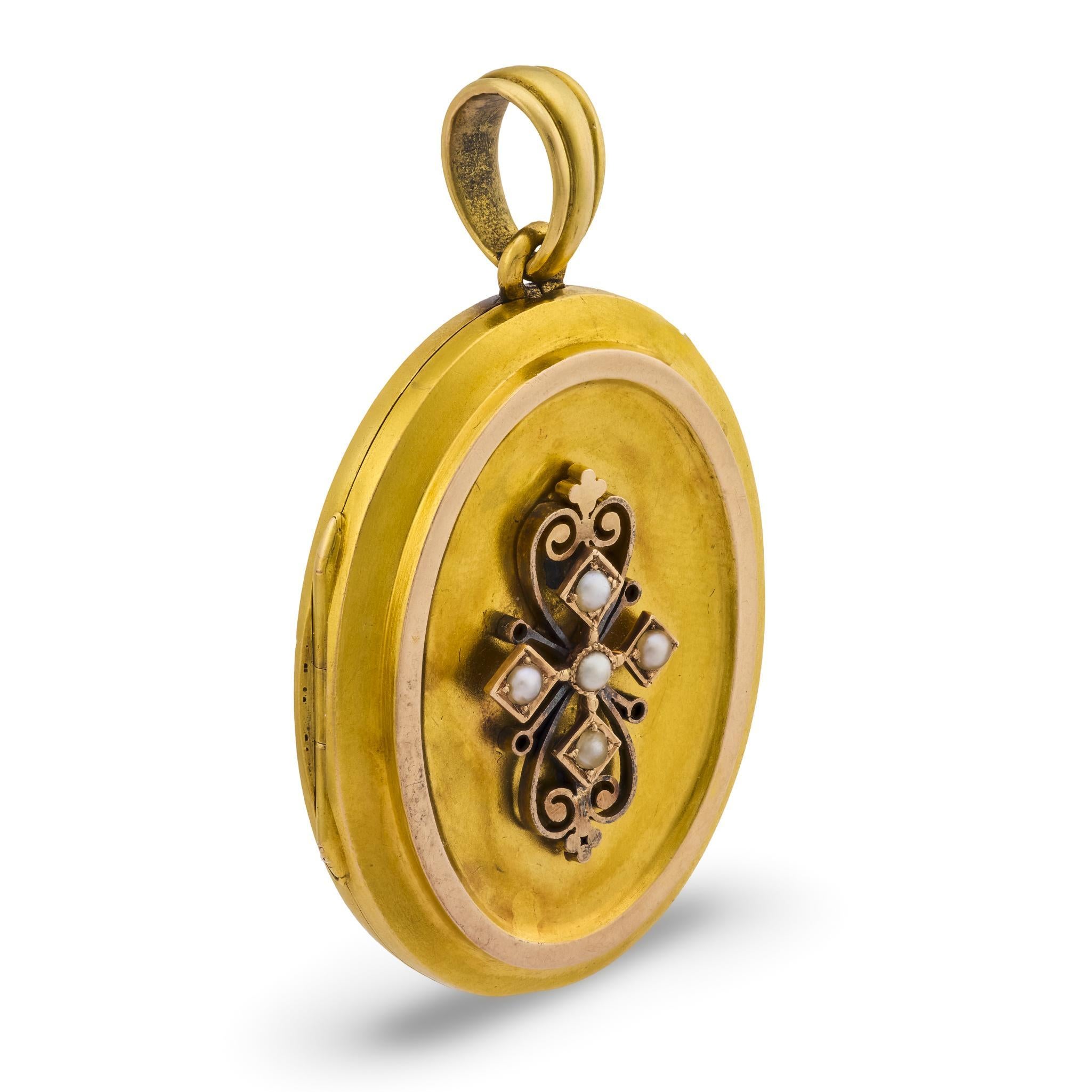 Bead Victorian seed pearl 18k yellow and rose gold locket pendant For Sale