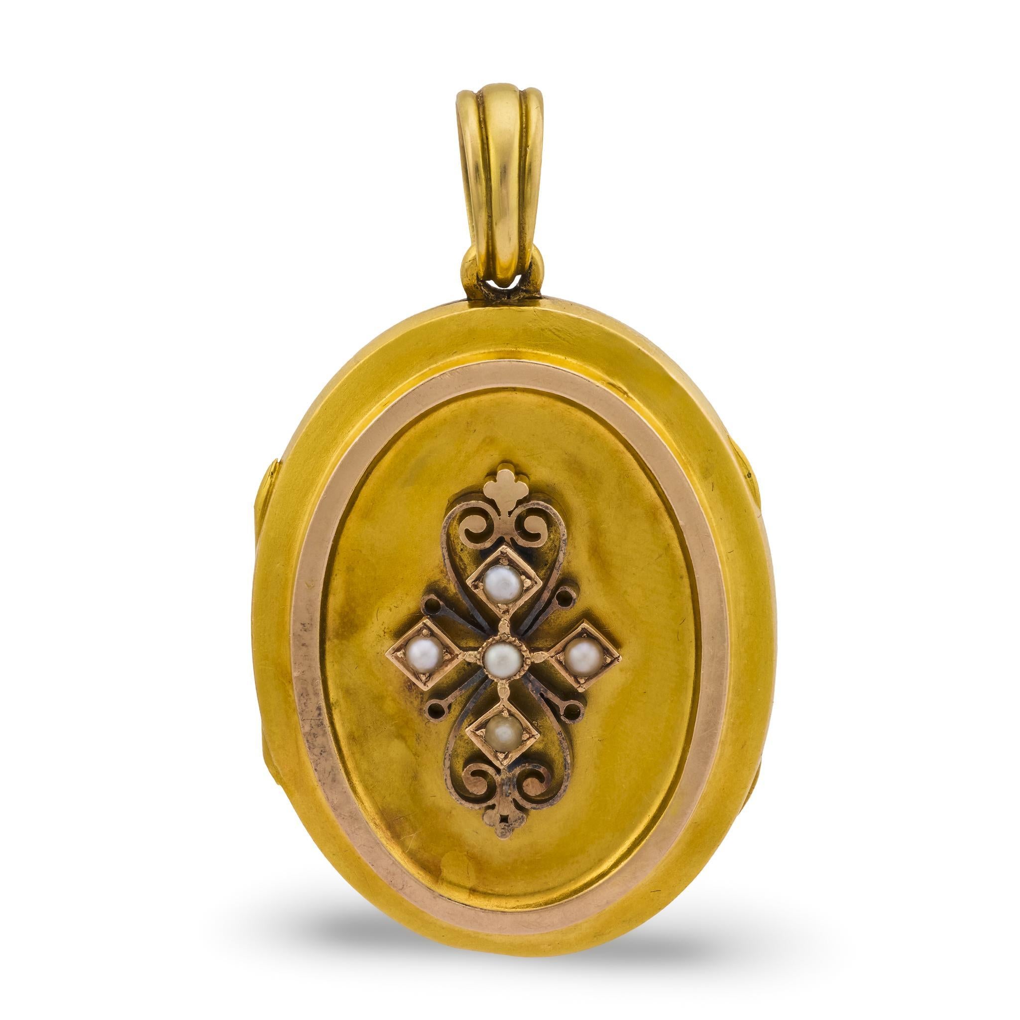 Victorian seed pearl 18k yellow and rose gold locket pendant For Sale