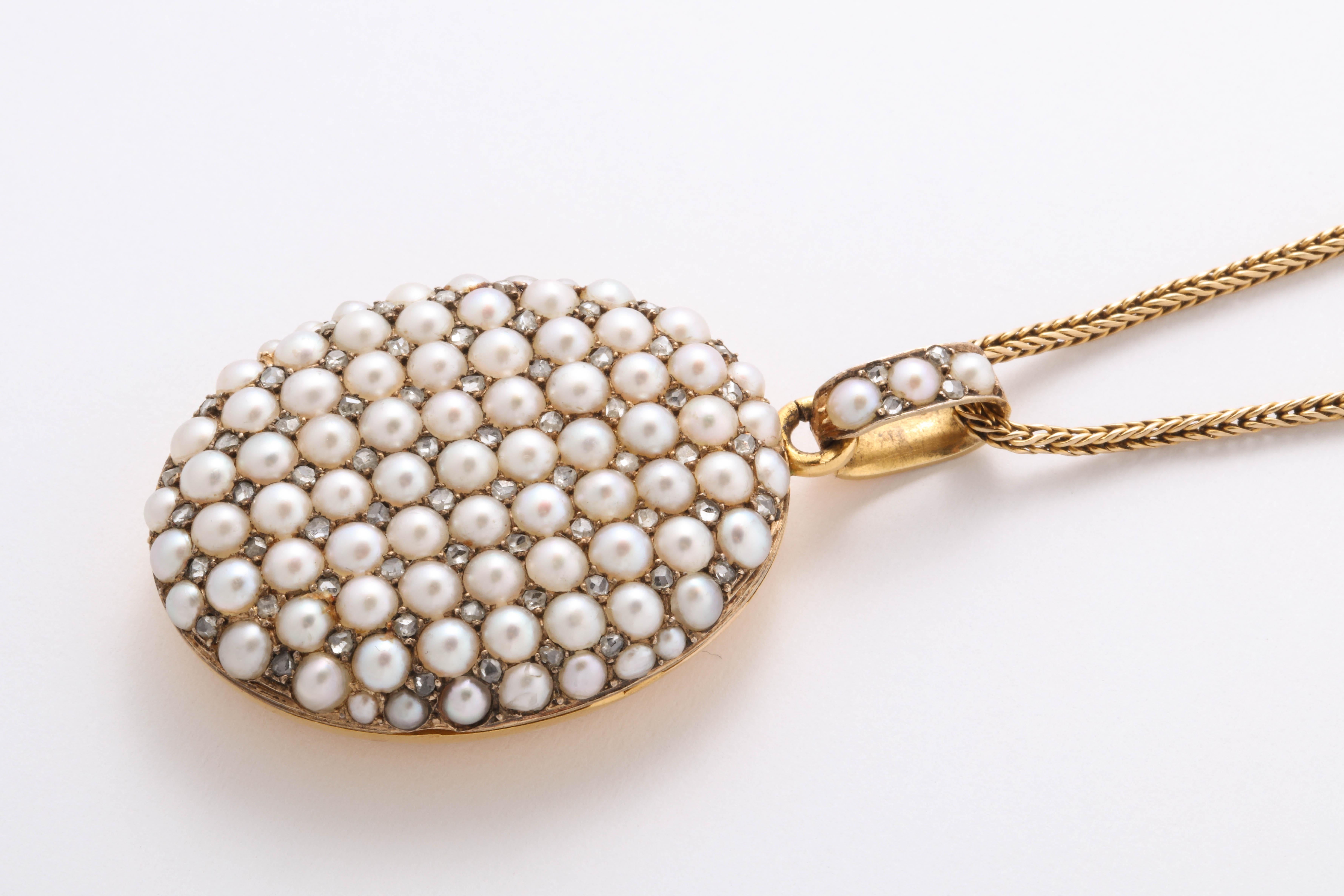 Rose Cut Victorian Seed Pearl and Diamond Locket on Chain