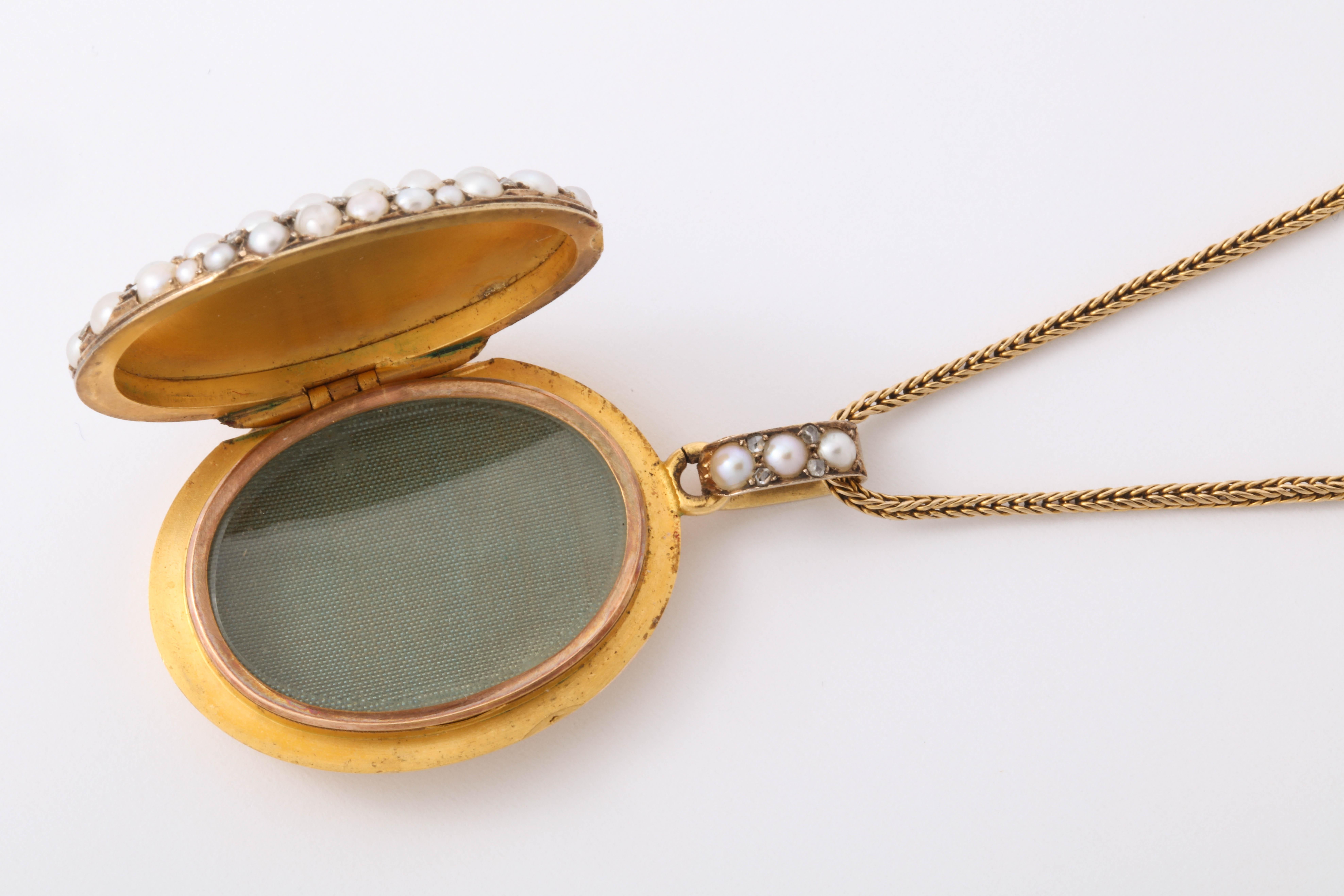 Women's or Men's Victorian Seed Pearl and Diamond Locket on Chain