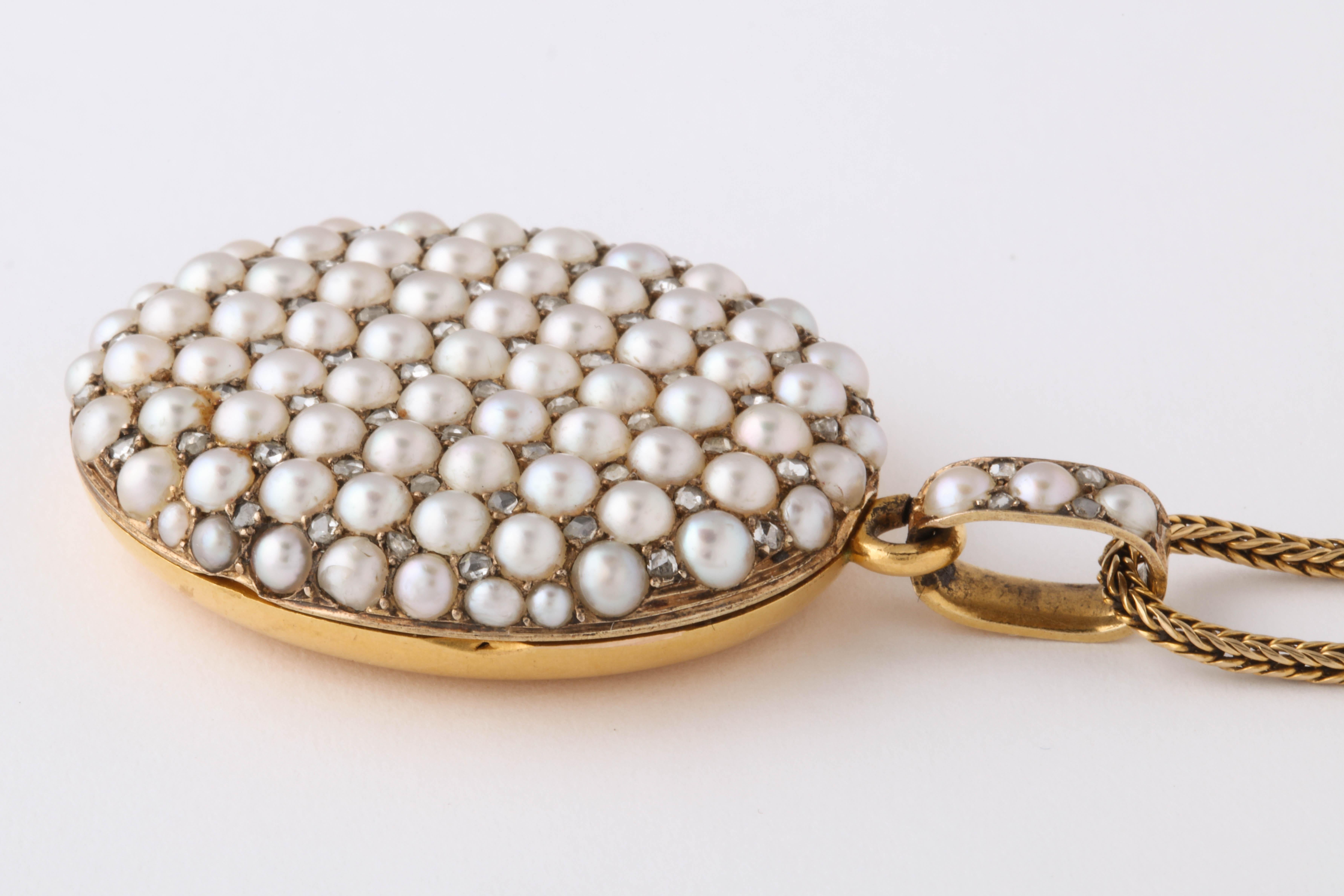 Victorian Seed Pearl and Diamond Locket on Chain 3