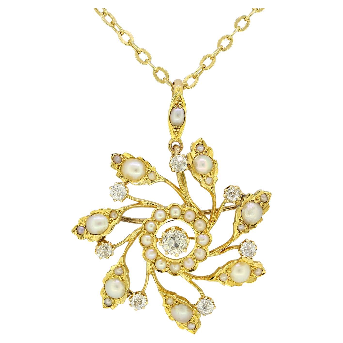 Victorian Seed Pearl and Diamond Sunflower Necklace For Sale