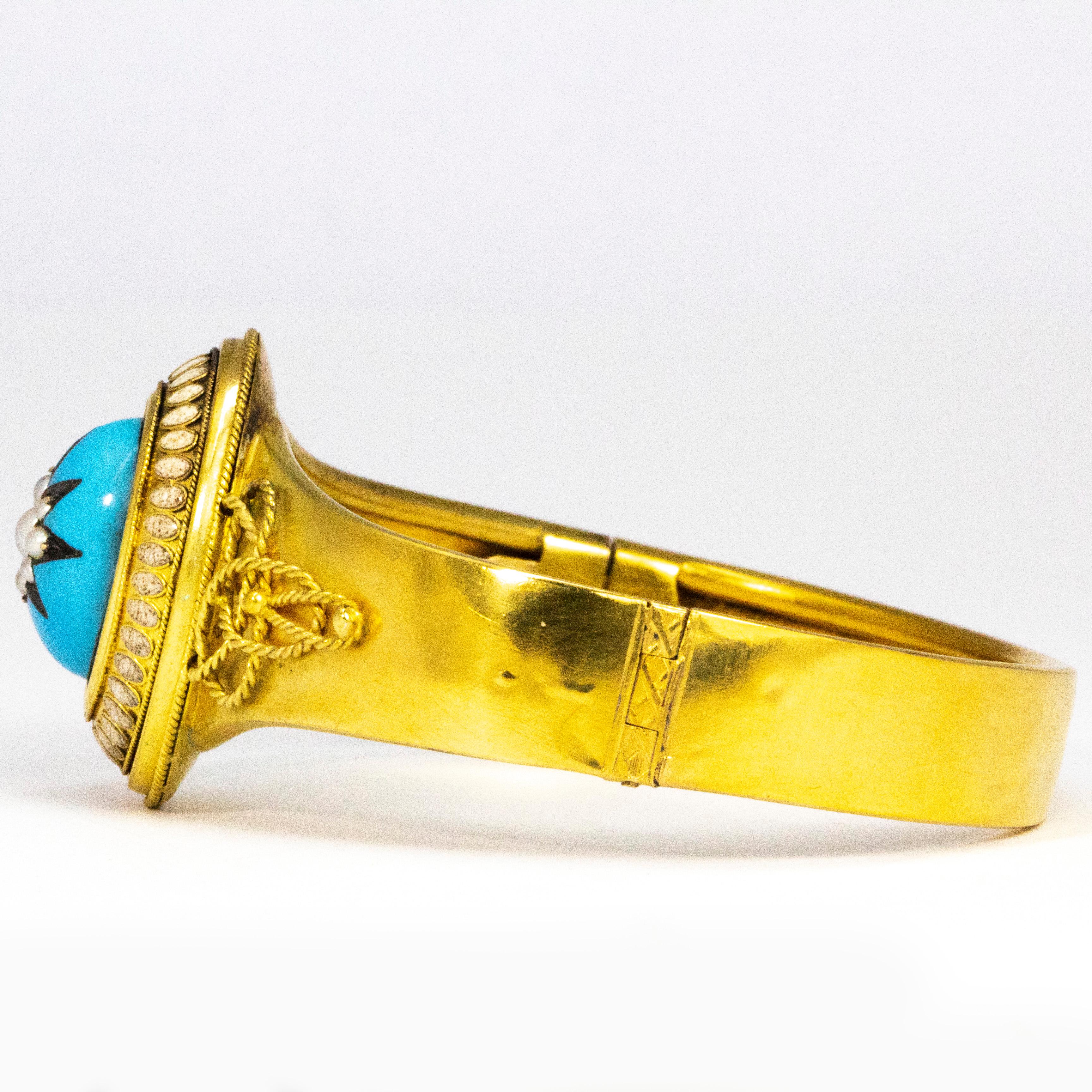 Victorian Seed Pearl and Enamel 15 Carat Gold Bangle In Good Condition For Sale In Chipping Campden, GB