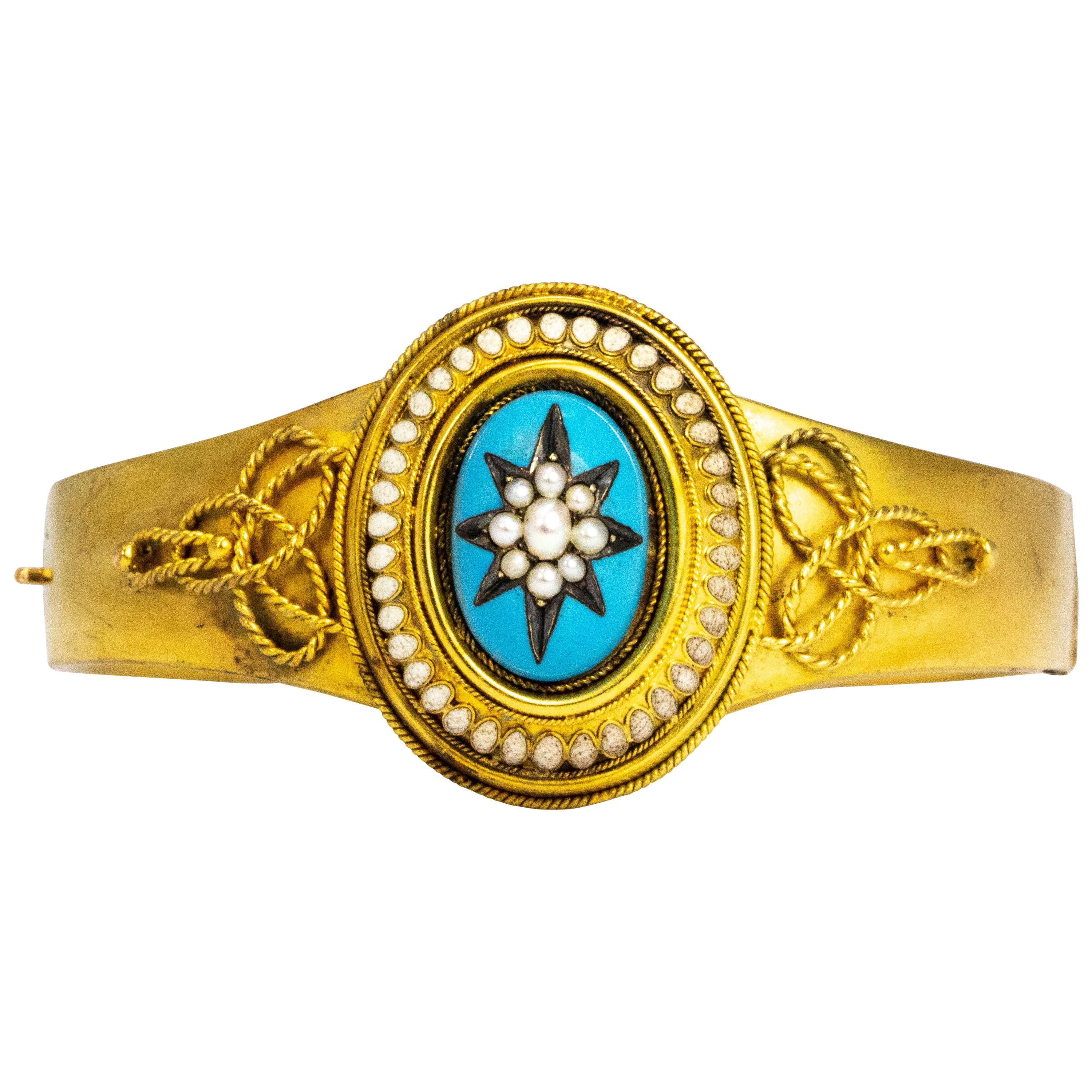 Victorian Seed Pearl and Enamel 15 Carat Gold Bangle For Sale