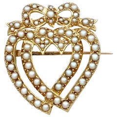 Victorian Seed Pearl and Gold Heart-Shaped Brooch