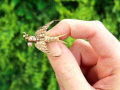 Victorian Seed Pearl and Ruby Yellow Gold Bird Brooch