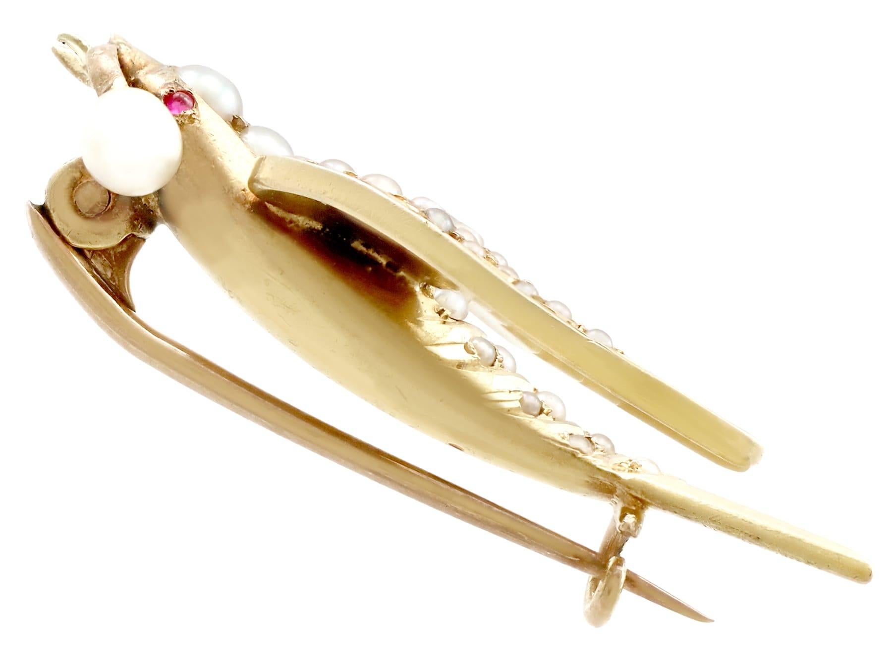 Victorian Seed Pearl and Ruby Yellow Gold Bird Brooch In Excellent Condition For Sale In Jesmond, Newcastle Upon Tyne