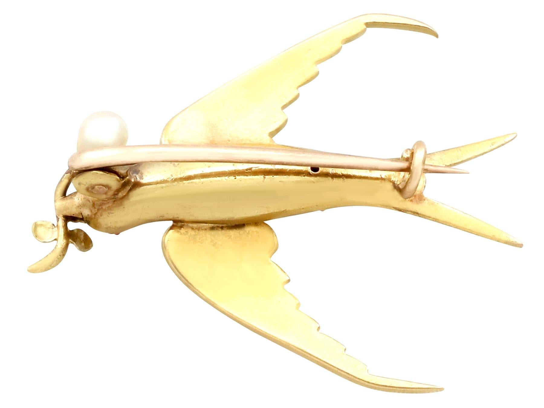 Women's or Men's Victorian Seed Pearl and Ruby Yellow Gold Bird Brooch For Sale
