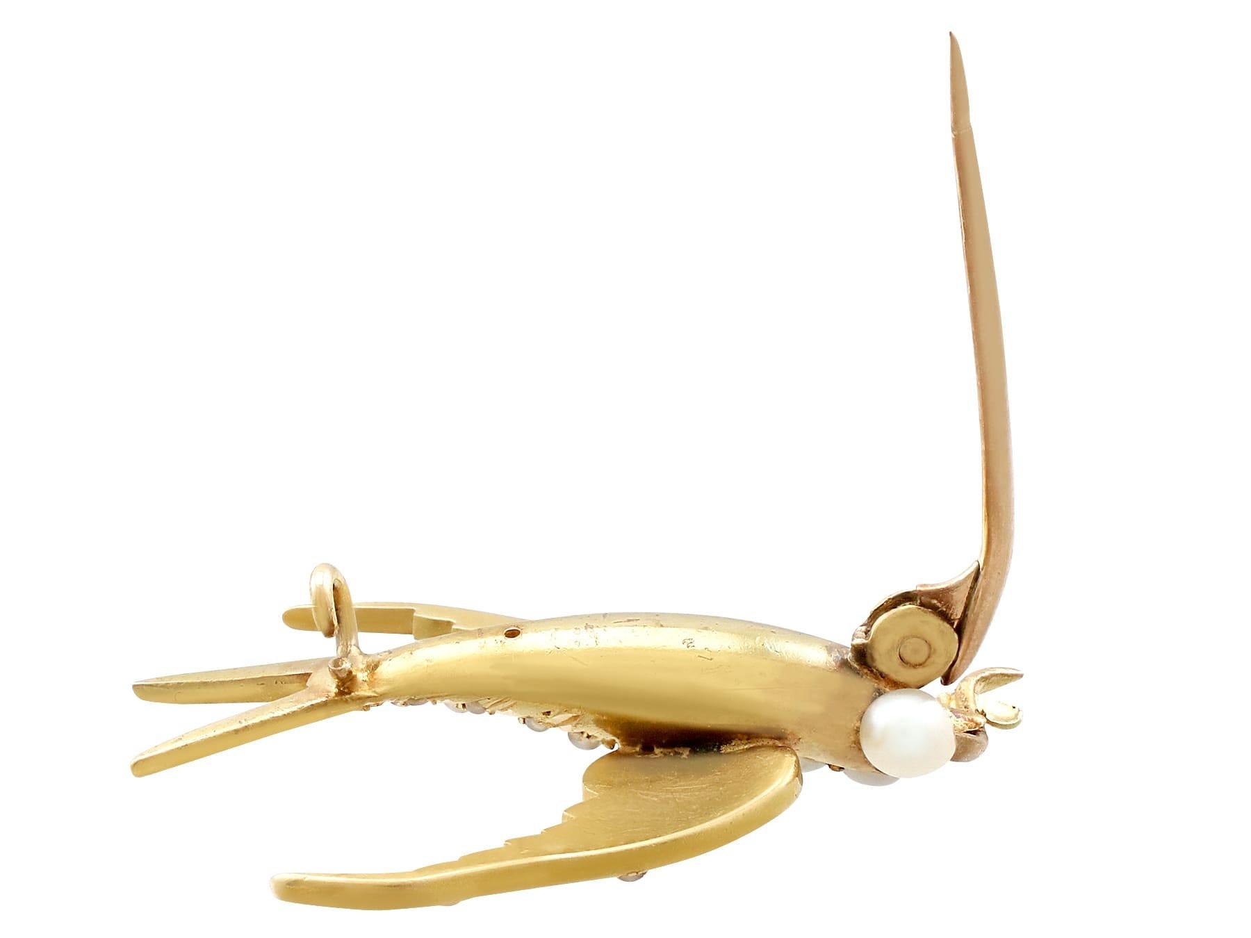 Victorian Seed Pearl and Ruby Yellow Gold Bird Brooch For Sale 1
