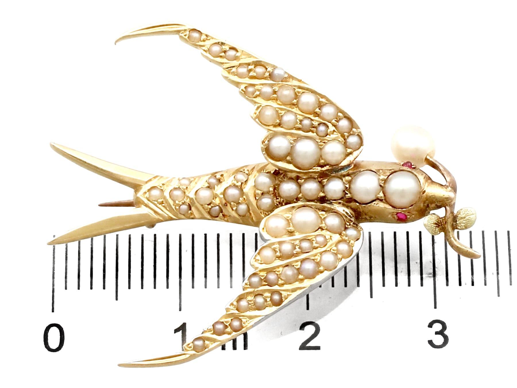 Victorian Seed Pearl and Ruby Yellow Gold Bird Brooch For Sale 2