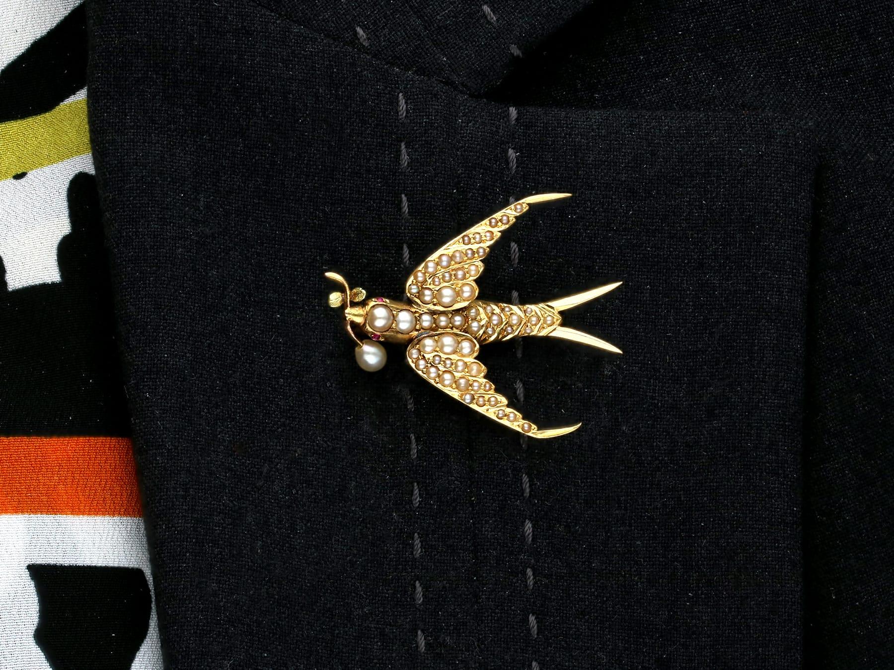 Victorian Seed Pearl and Ruby Yellow Gold Bird Brooch For Sale 3