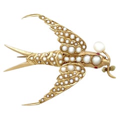 Victorian Seed Pearl and Ruby Yellow Gold Bird Brooch