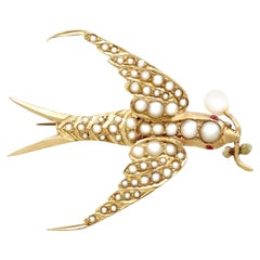Victorian Seed Pearl and Ruby Yellow Gold Bird Brooch
