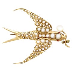 Victorian Seed Pearl and Ruby Yellow Gold Bird Brooch