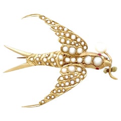 Antique Victorian Seed Pearl and Ruby Yellow Gold Bird Brooch
