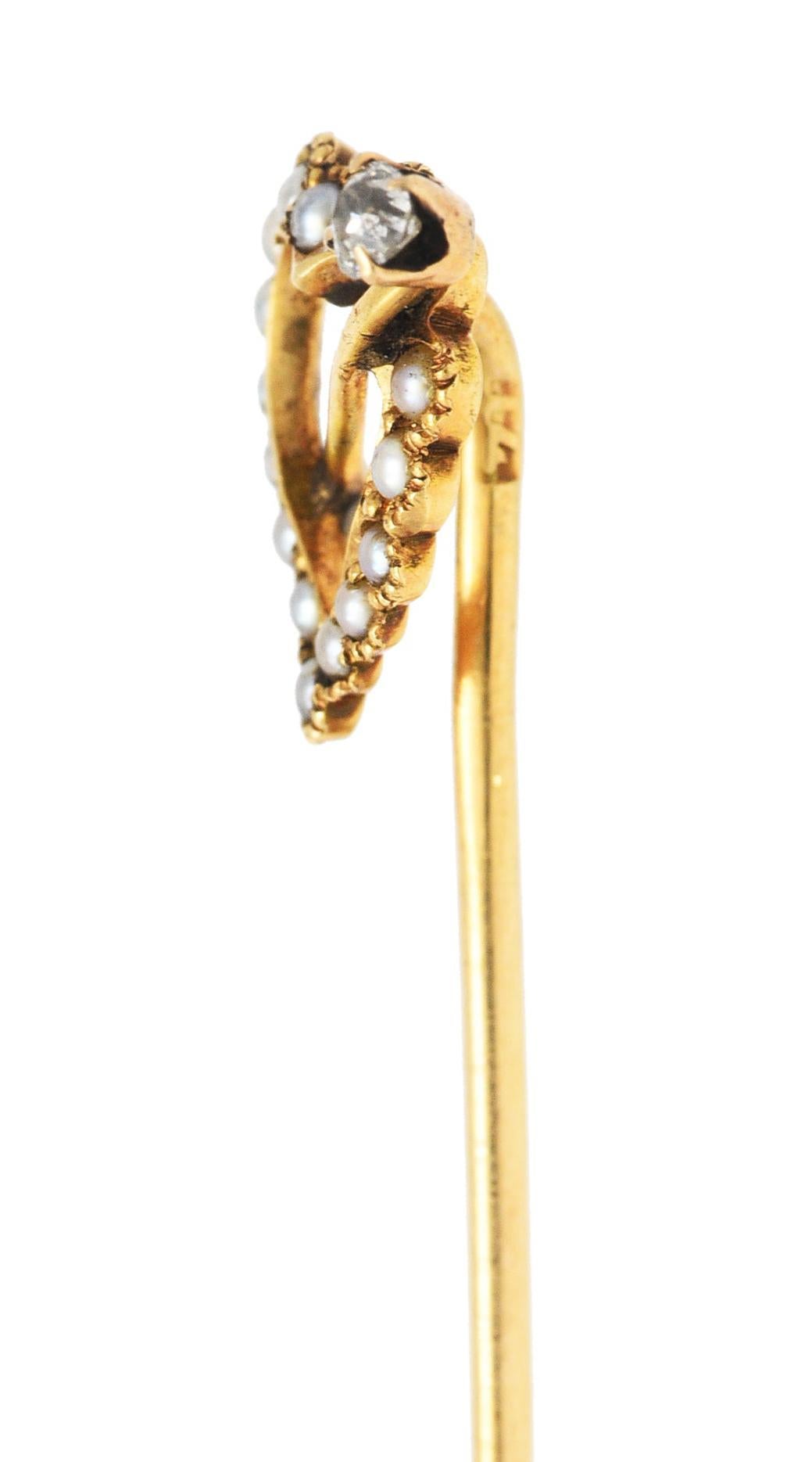Single Cut Victorian Seed Pearl Diamond 14 Karat Yellow Gold Heart Stickpin For Sale
