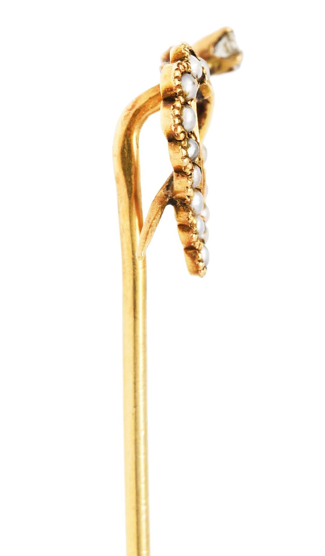 Women's or Men's Victorian Seed Pearl Diamond 14 Karat Yellow Gold Heart Stickpin For Sale