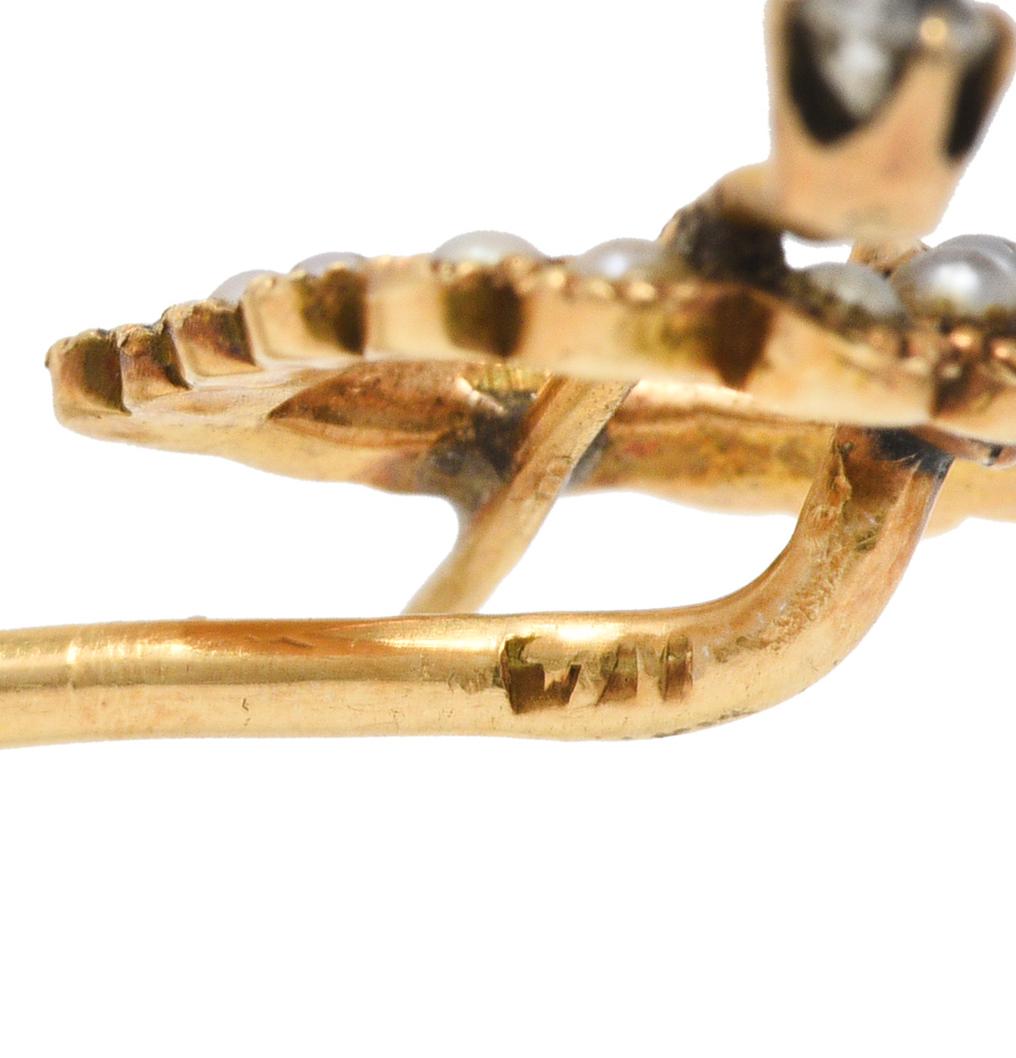 Épingle à cravate victorienne en forme de cœur en or jaune 14 carats avec perles naturelles et diamants Unisexe en vente