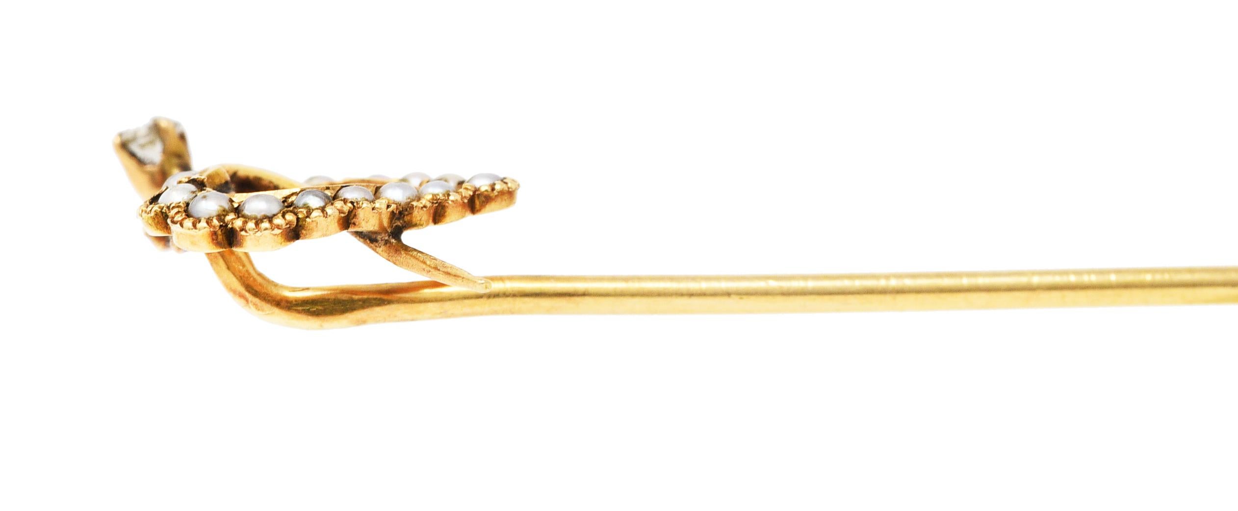 Épingle à cravate victorienne en forme de cœur en or jaune 14 carats avec perles naturelles et diamants en vente 1
